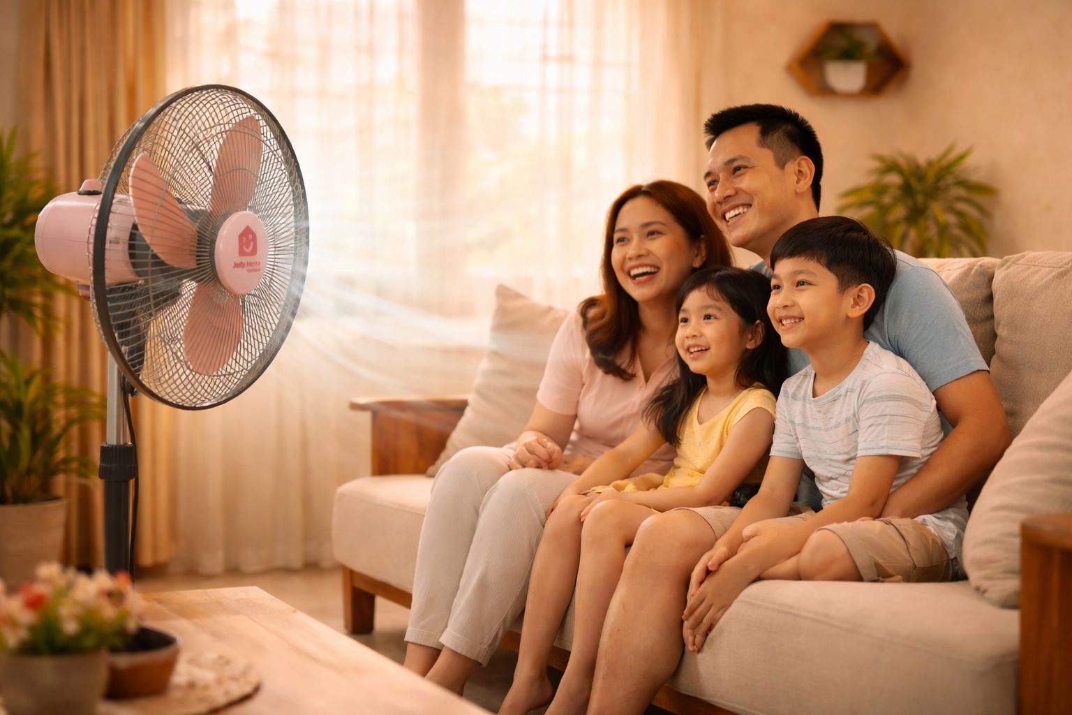 JollyHome family at home with electric fan